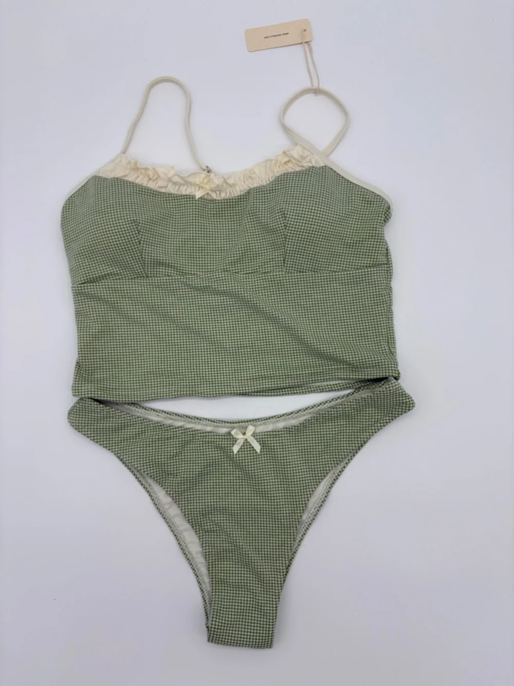 Green Gingham Tie-Front Bikini Set with Cream Trim NWT - Picture 7 of 11